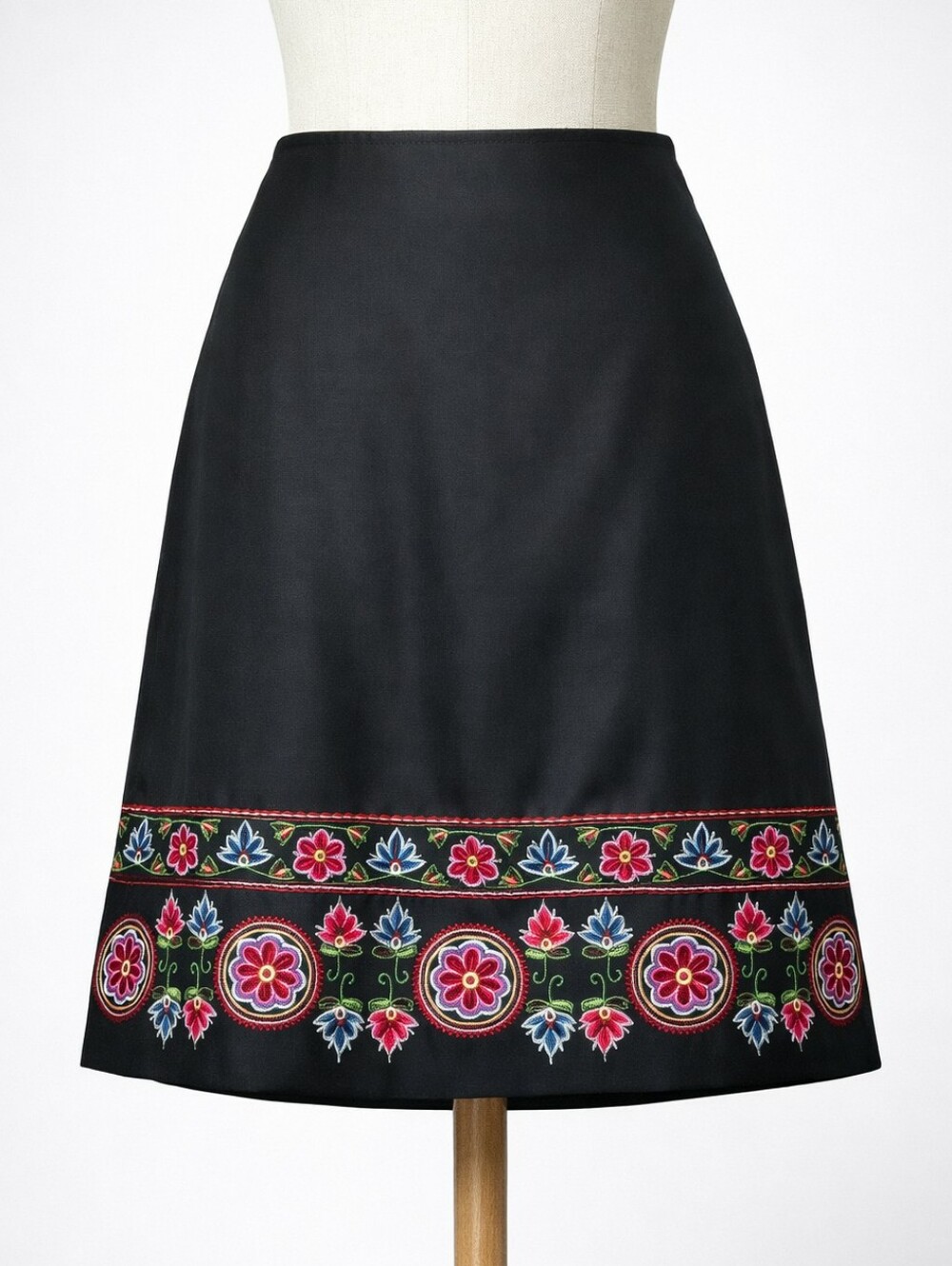 ANN TAYLOR Black Silk Embroidered Floral Midi Skirt Petite 6P A‑Line Elegant